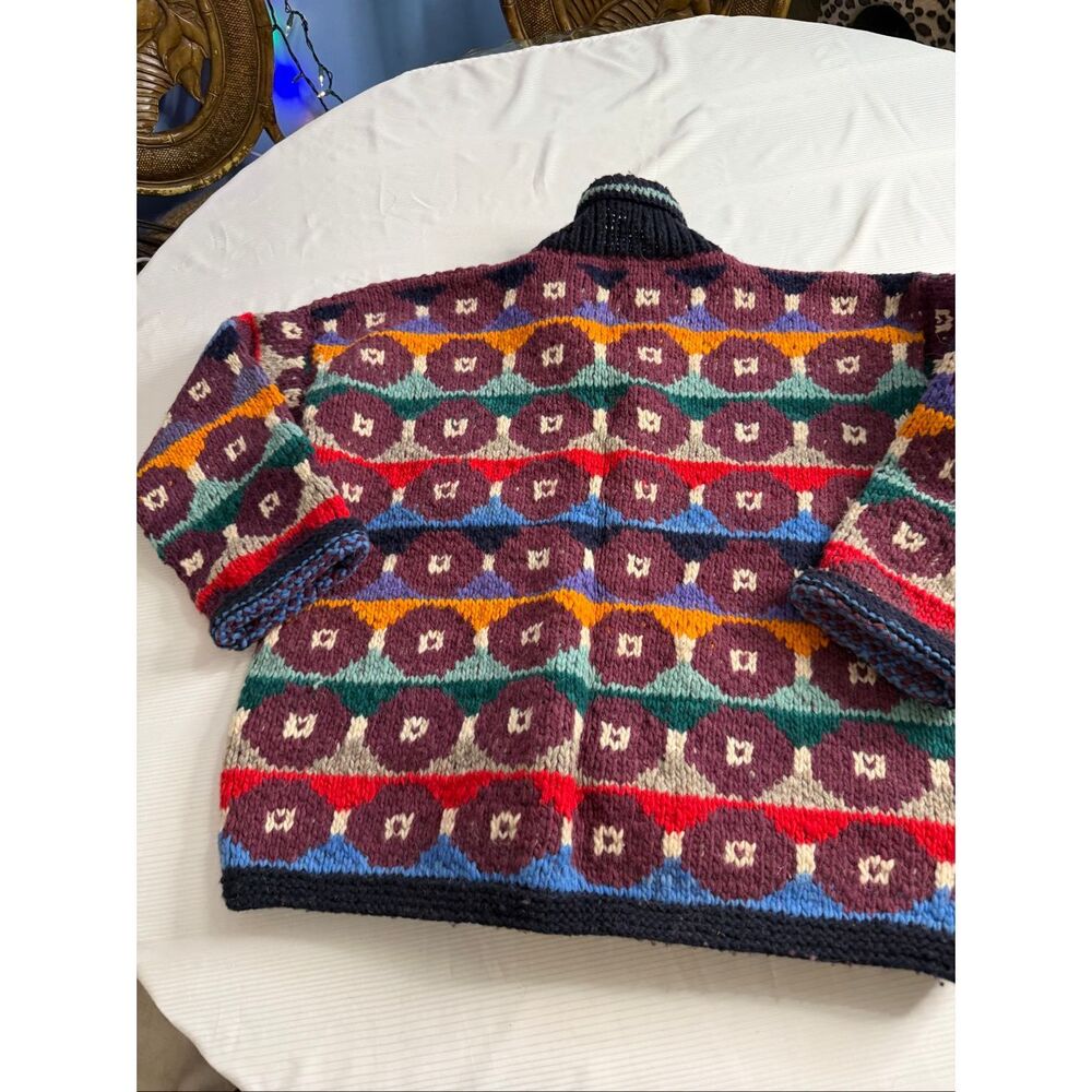 Artesanias Ishka Colorful Geometric Wool Heavy Knit Ecuador Sweater Jacket Sz XL - Picture 9 of 11